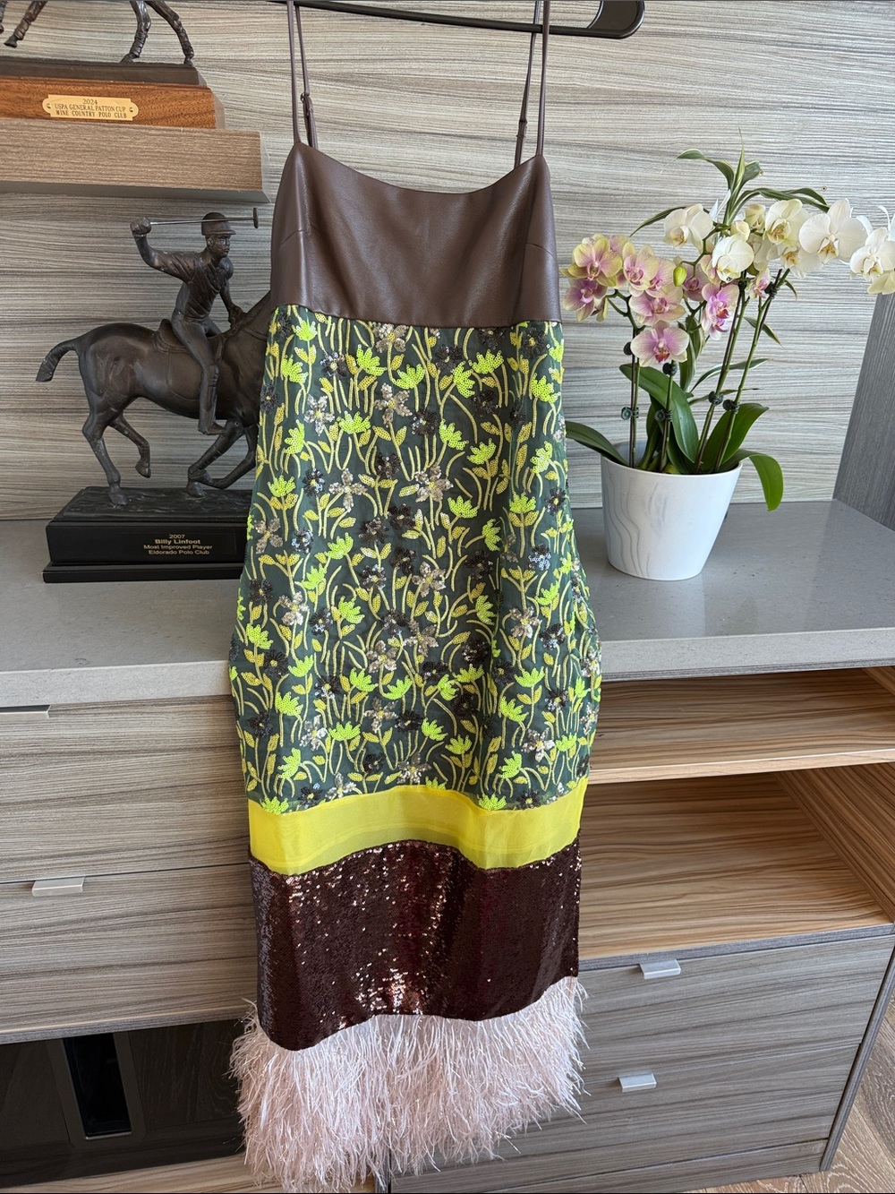 Floral Green and Brown Mixed-Media Slip Dress with Feather Hem